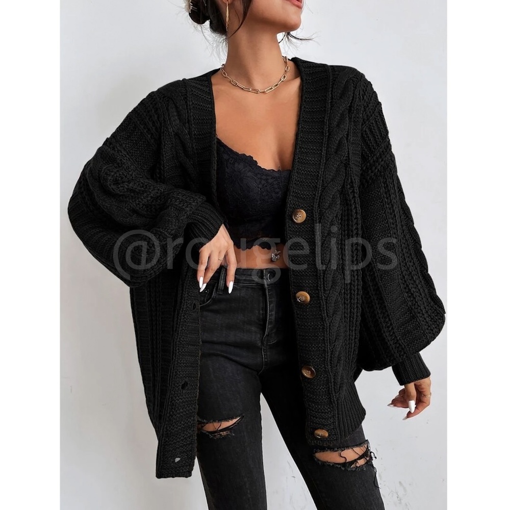 Oversized Black Cable Knit Cardigan Long Sleeves Hip Length Buttoned
